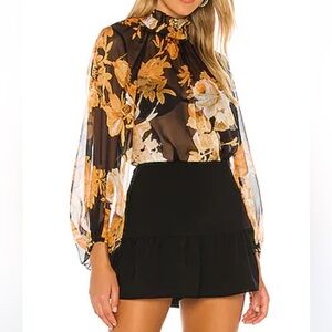 Shona Joy Henrietta High Neck Ruched Blouse Black Floral Gold Revolve Top Shirt